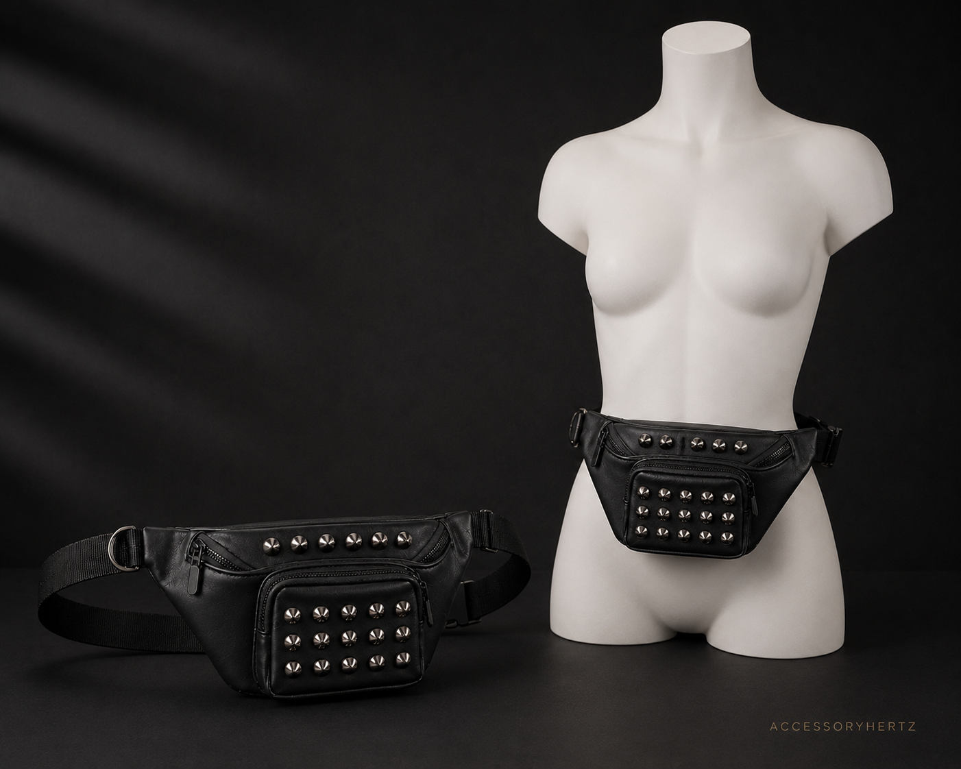 کیف کمری زنانه مدل Studded Rivet چرمی مشکی با جیب جلو اسپایکر دار