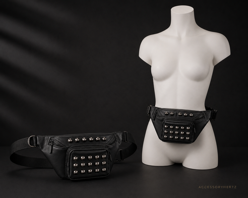 کیف کمری زنانه مدل Studded Rivet چرمی مشکی با جیب جلو اسپایکر دار