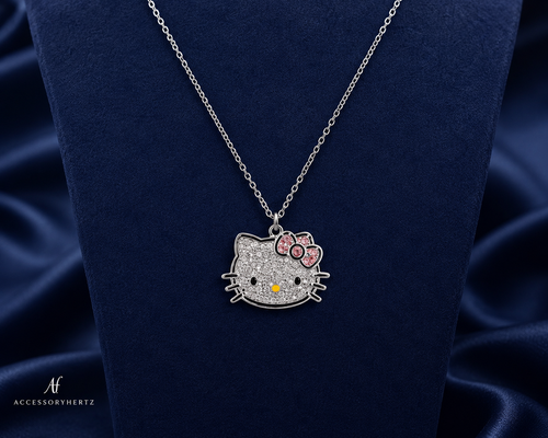 گردنبند دخترانه هلو کیتی نگیندار استیل رنگ نقرهای | آویز فانتزی Hello Kitty