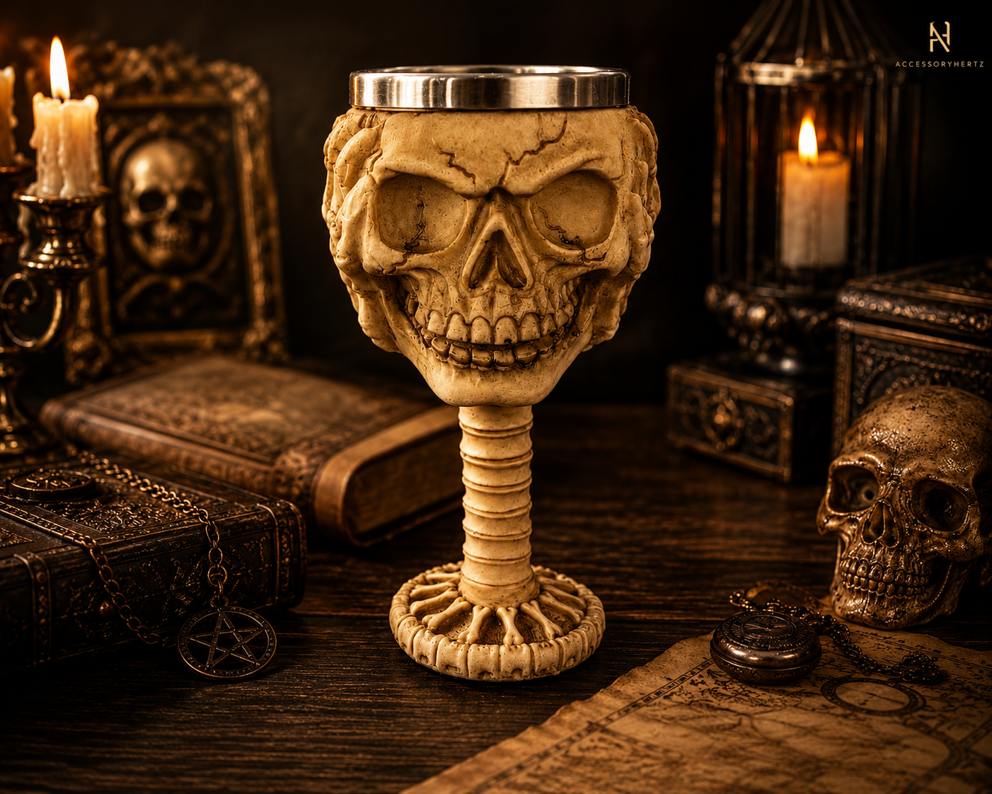 جام جمجمه دکوری رزینی قابل استفاده 20 سانتی مدل Gothic Skull Goblet | لیوان اسکلت فانتزی و کلکسیونی