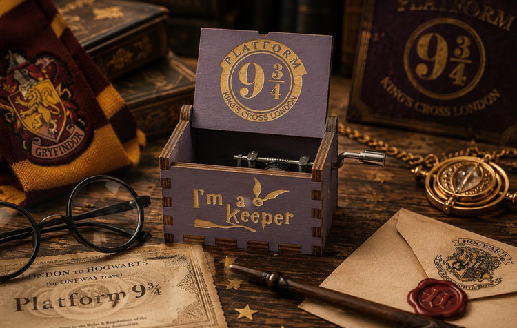 جعبه موزیکال چوبی هری پاتر مدل Platform 9¾ موزیک باکس هندلی طرح ایستگاه کینگز کراس با ملودی Hedwig's Theme هدیه کلکسیونی Harry Potter