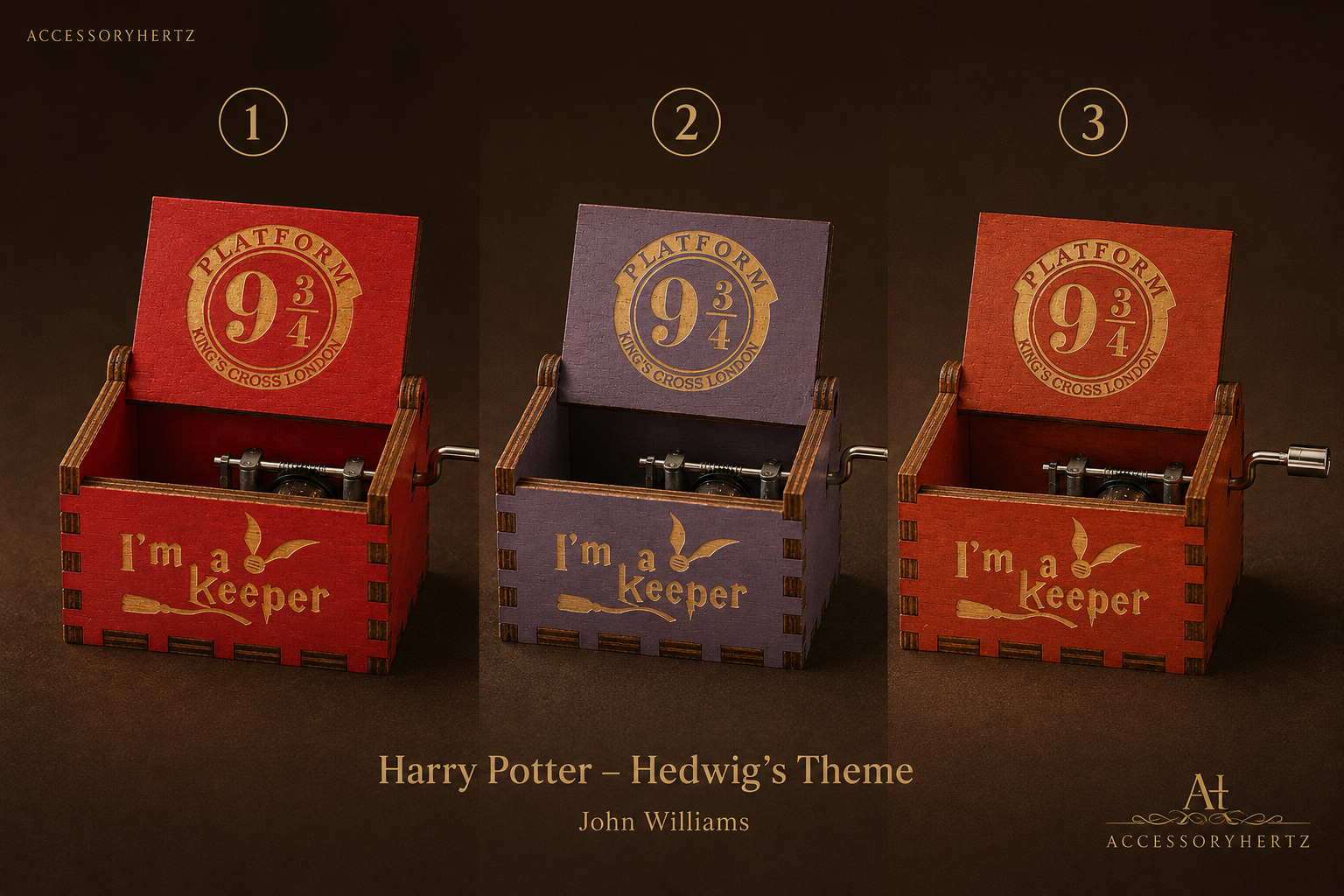 جعبه موزیکال چوبی هری پاتر مدل Platform 9¾ موزیک باکس هندلی طرح ایستگاه کینگز کراس با ملودی Hedwig's Theme هدیه کلکسیونی Harry Potter