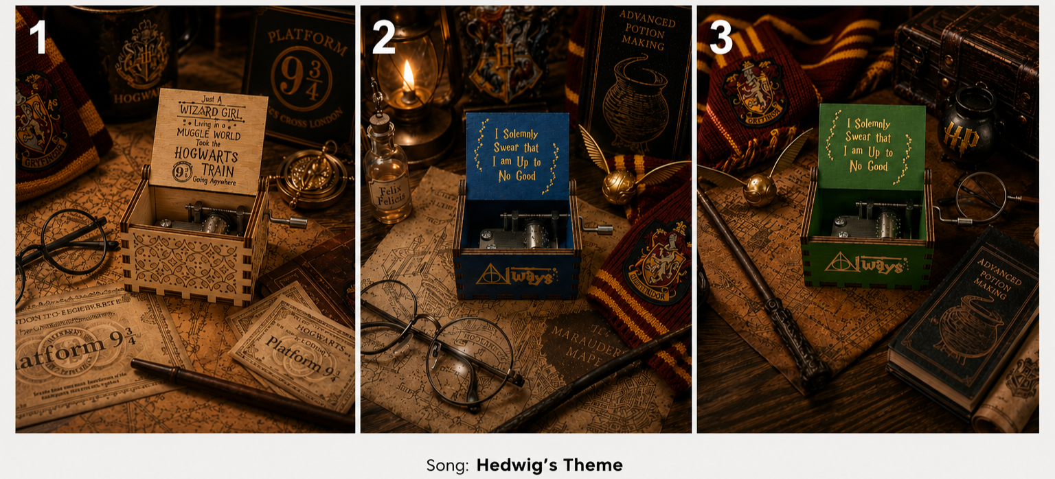 ست 3 عددی موزیک باکس چوبی هری پاتر Harry Potter | جعبه موزیکال هندلی طرح Hogwarts و Hedwig's Theme کلکسیونی